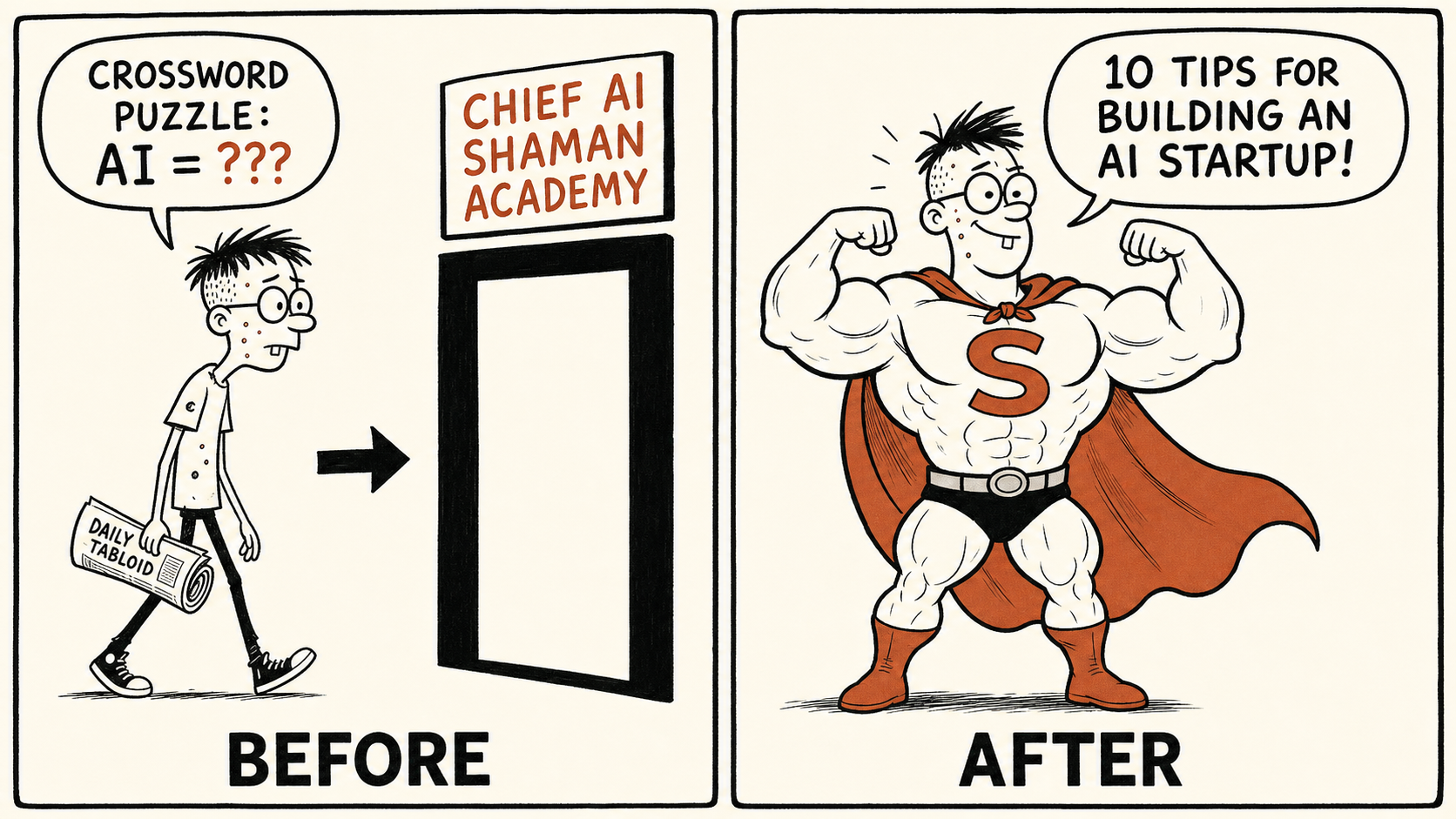 Zwei-Panel-Cartoon: Ein ahnungsloser Mann betritt die „Chief AI Shaman Academy“ und kommt als muskulöser Superheld heraus, der behauptet, „10 Tipps für den Aufbau eines KI-Startups“ zu haben.